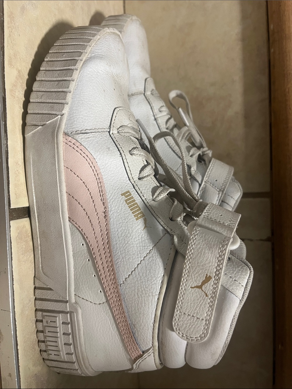 Puma White and Pink High-Top Sneakers with Gold Strap